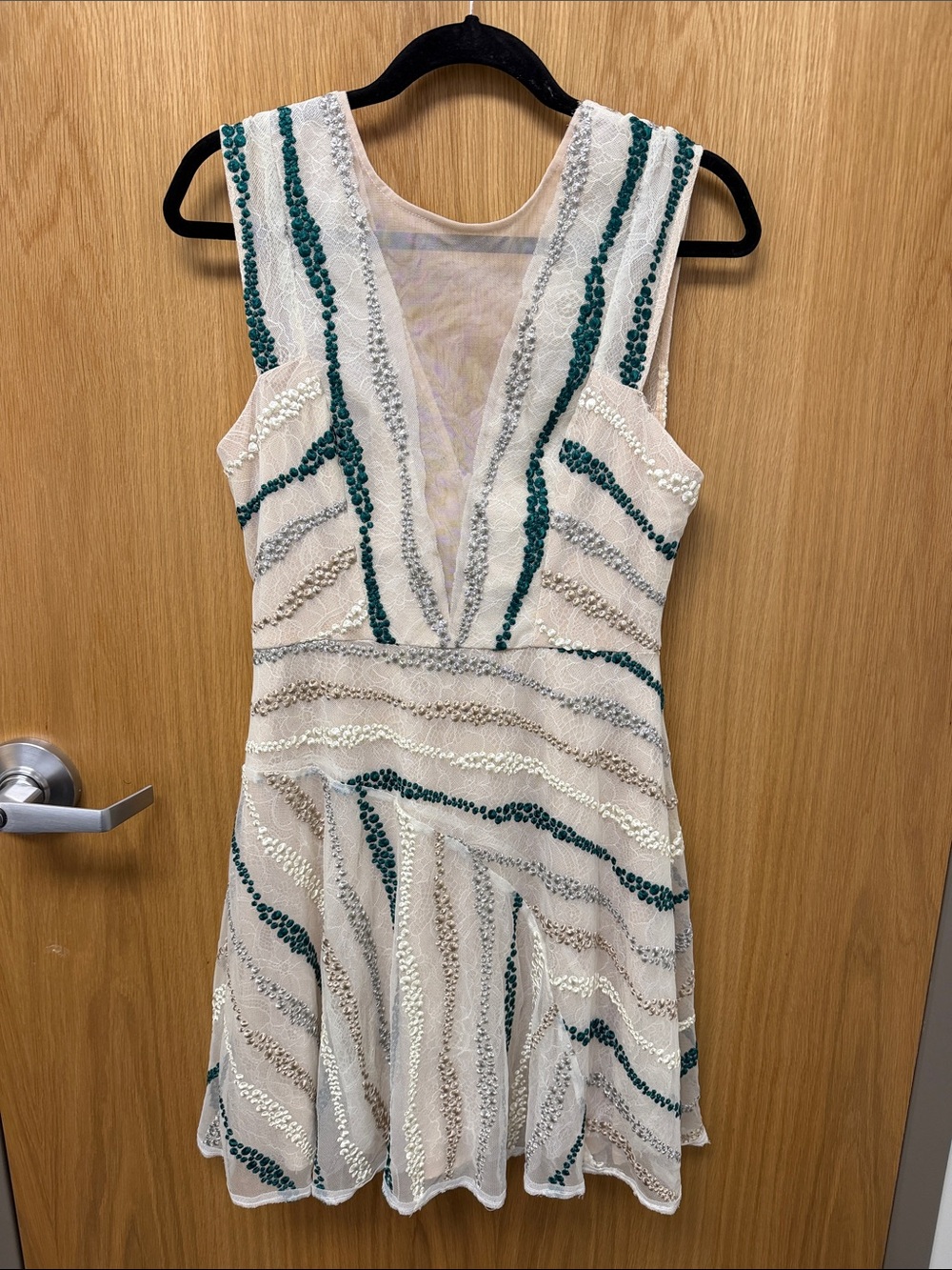 BCBGMaxAzria Marina Cream Mini Dress with Teal and Silver Metallic Embroidery